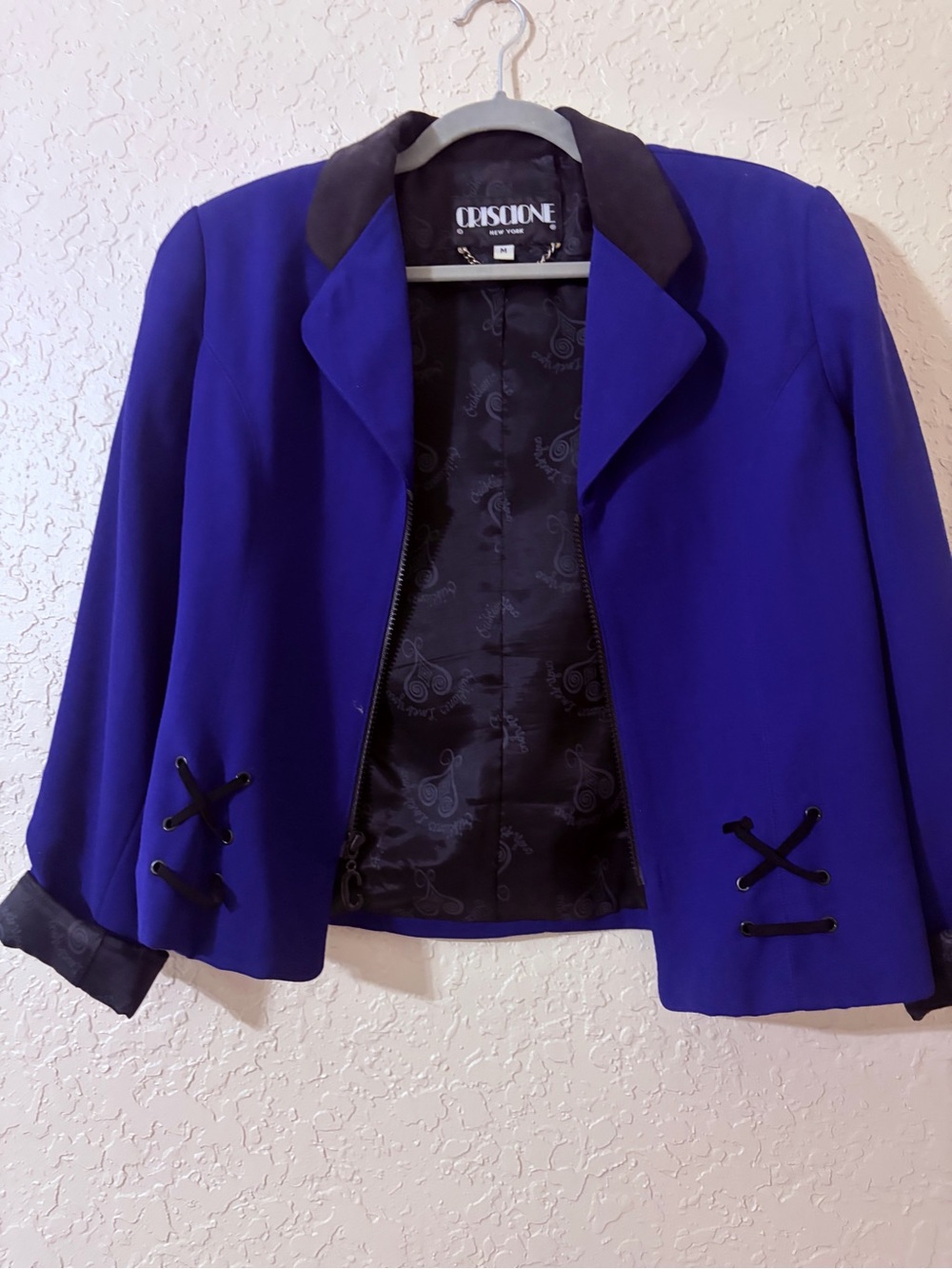 Royal Blue Cropped Blazer with Black Trim and Decorative Lacing